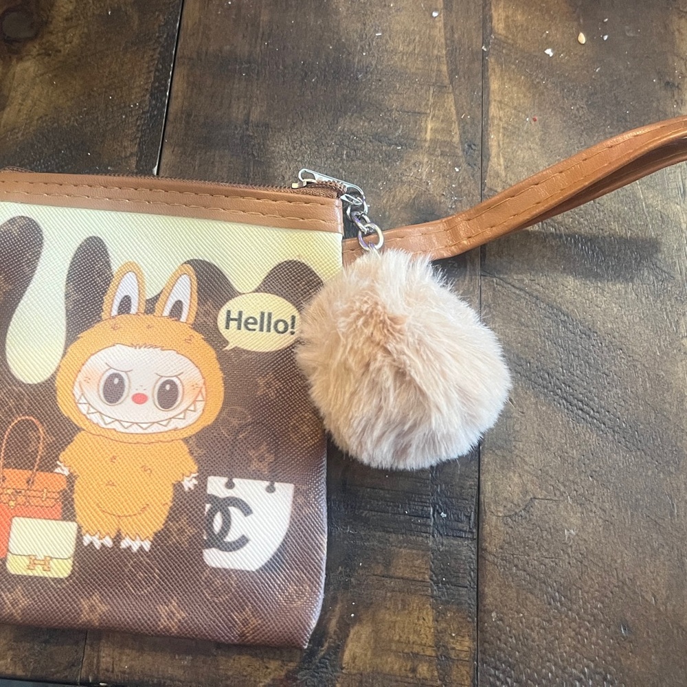 Character Print Wristlet Pouch with Pom Charm - Brown & Tan Labubu - Picture 3 of 4